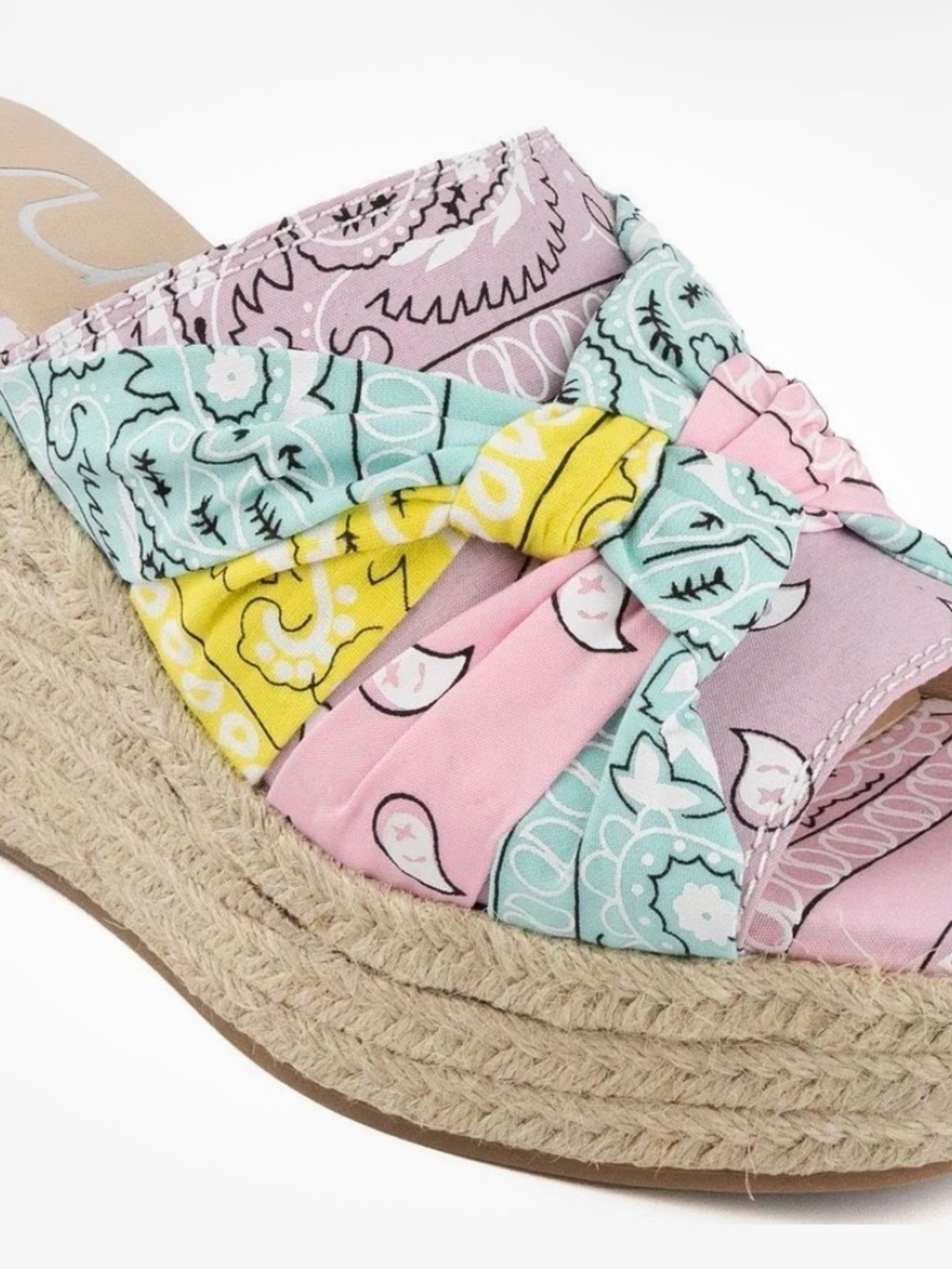 Sugar Bandana-Print Espadrille Wedge Sandal - Pink Mint Yellow